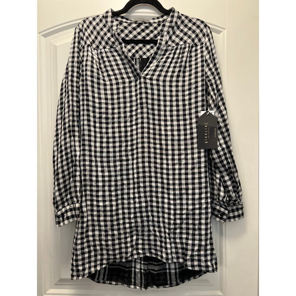 NWT Highline Women’s Long Sleeve V-Neck Checkered Shirt Dress Size S Black White